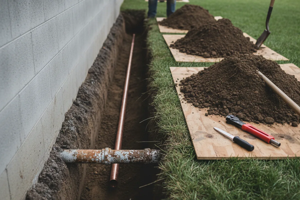 Excavated water line trench during Sewer Line Repair in Elgin
